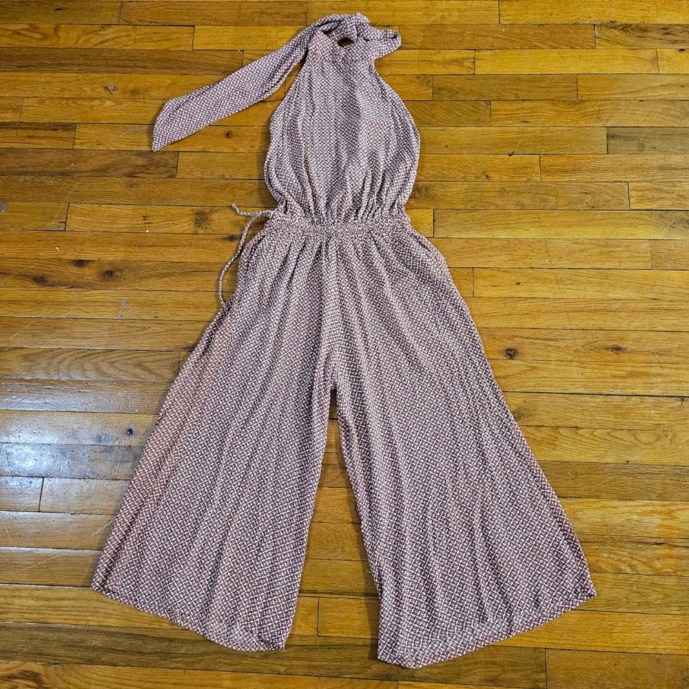 Faithfull The Brand Halter Jumpsuit Brown White Geometric XS